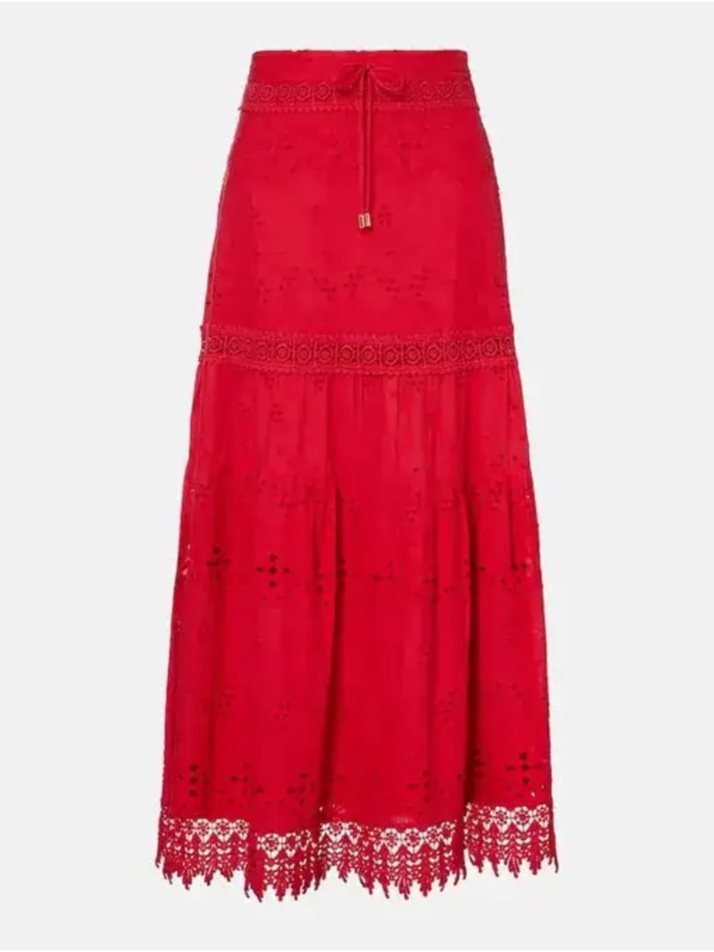Melissa Odabash Red Alessia Cotton Broderie Anglaise Tiered Maxi Skirt - Size M